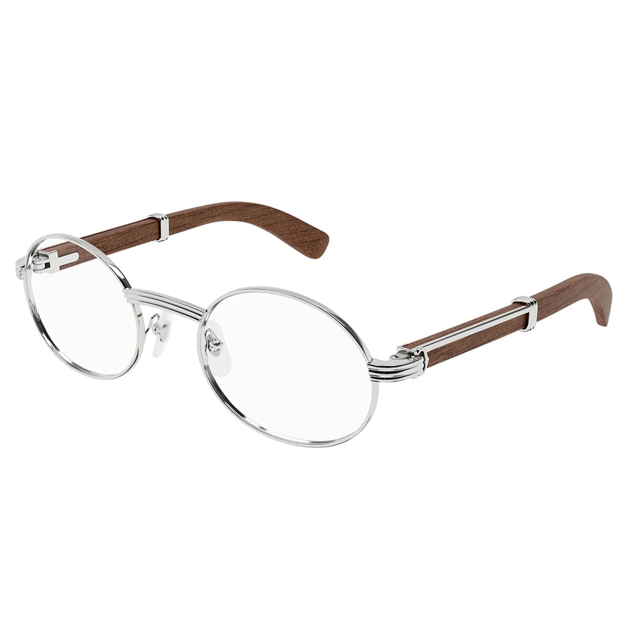 Front View of Cartier Eyewear Premiere CT0464O-003 Transparent Silver Brown Wood Sunglasses